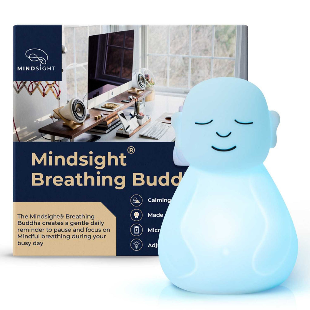 Breathing Buddha meditation accessory in its original product packaging.