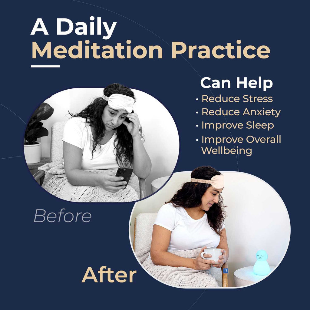 Before and after meditation: a stressed woman with a phone vs. a calm woman holding a glowing meditation light.