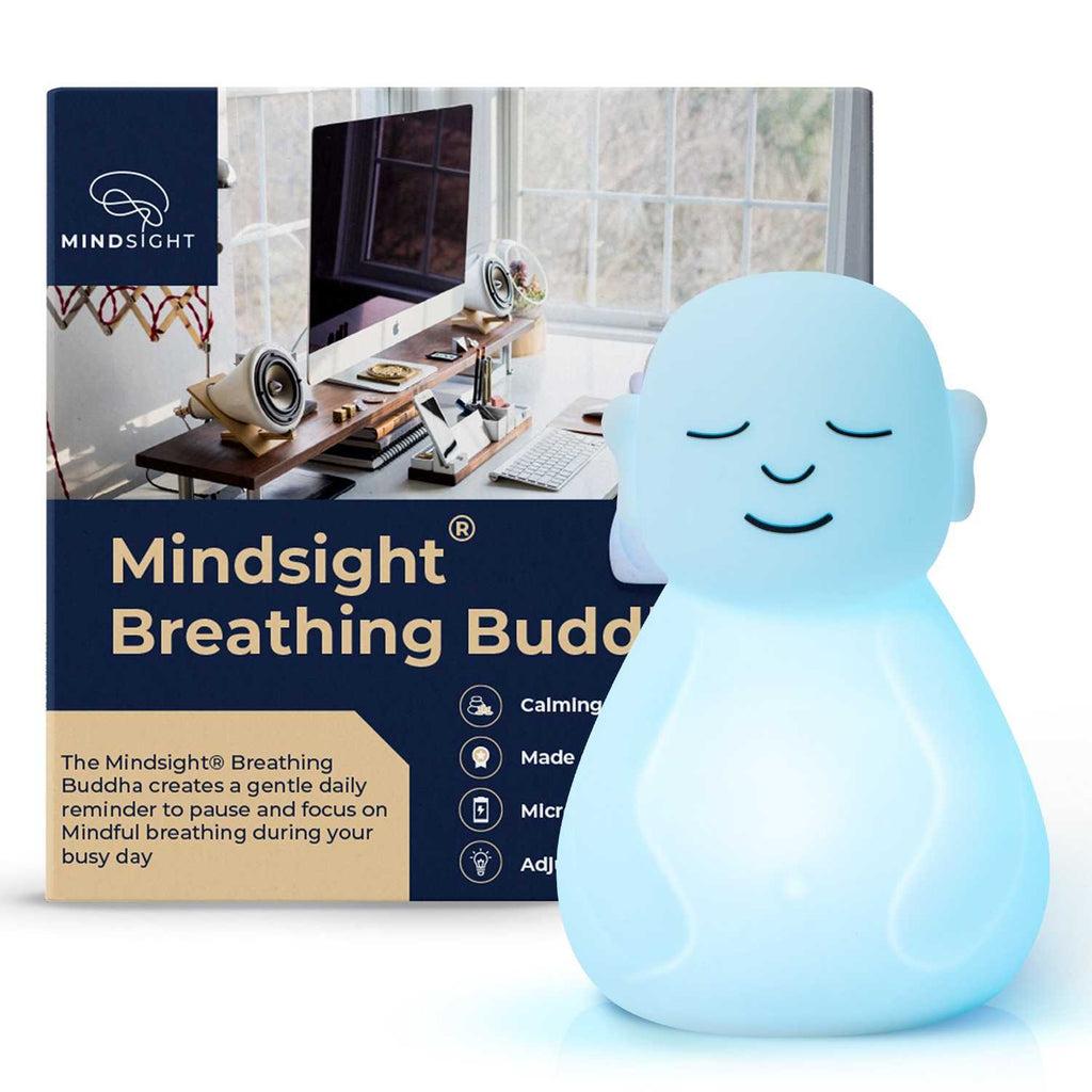 Blue glowing Mindsight Breathing Buddha next to its eco-friendly packaging, promoting mindfulness and calming benefits.