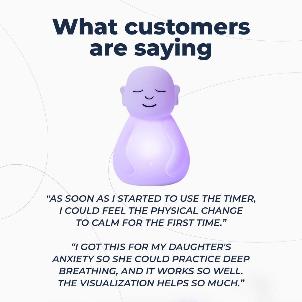 Purple glowing meditation device with testimonials about its effectiveness in promoting calm and aiding anxiety management.