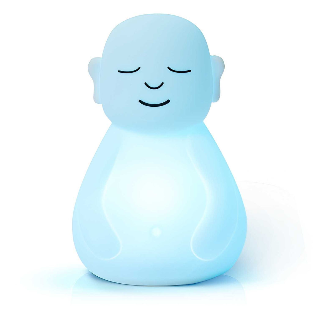 A glowing blue meditation light in the shape of a serene figure with closed eyes and a peaceful expression.