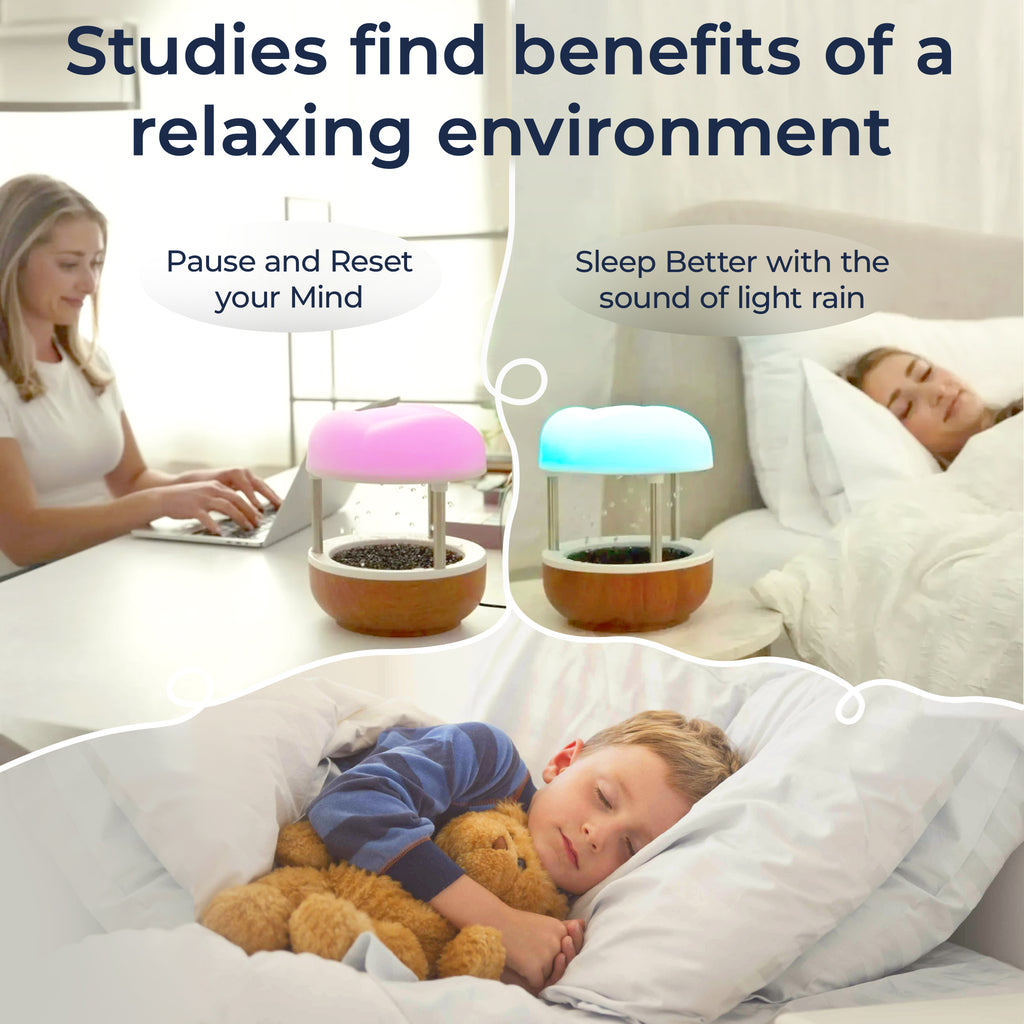 Calming Cloud Fountain shown at a desk and bedside, promoting relaxation and better sleep with soothing light and gentle sounds.