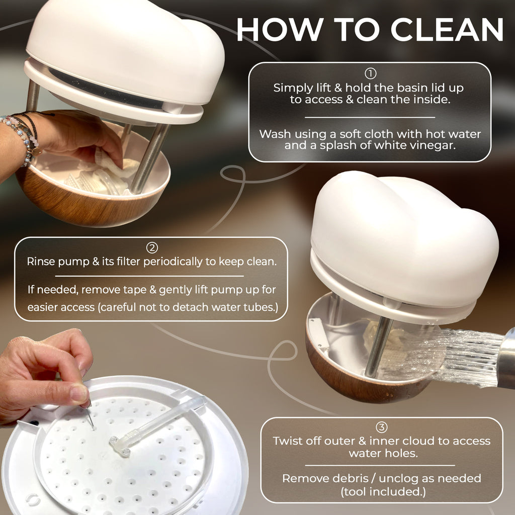 Instructional graphic showing how to clean the Calming Cloud Fountain, including lifting the lid, rinsing the pump, and clearing water holes.