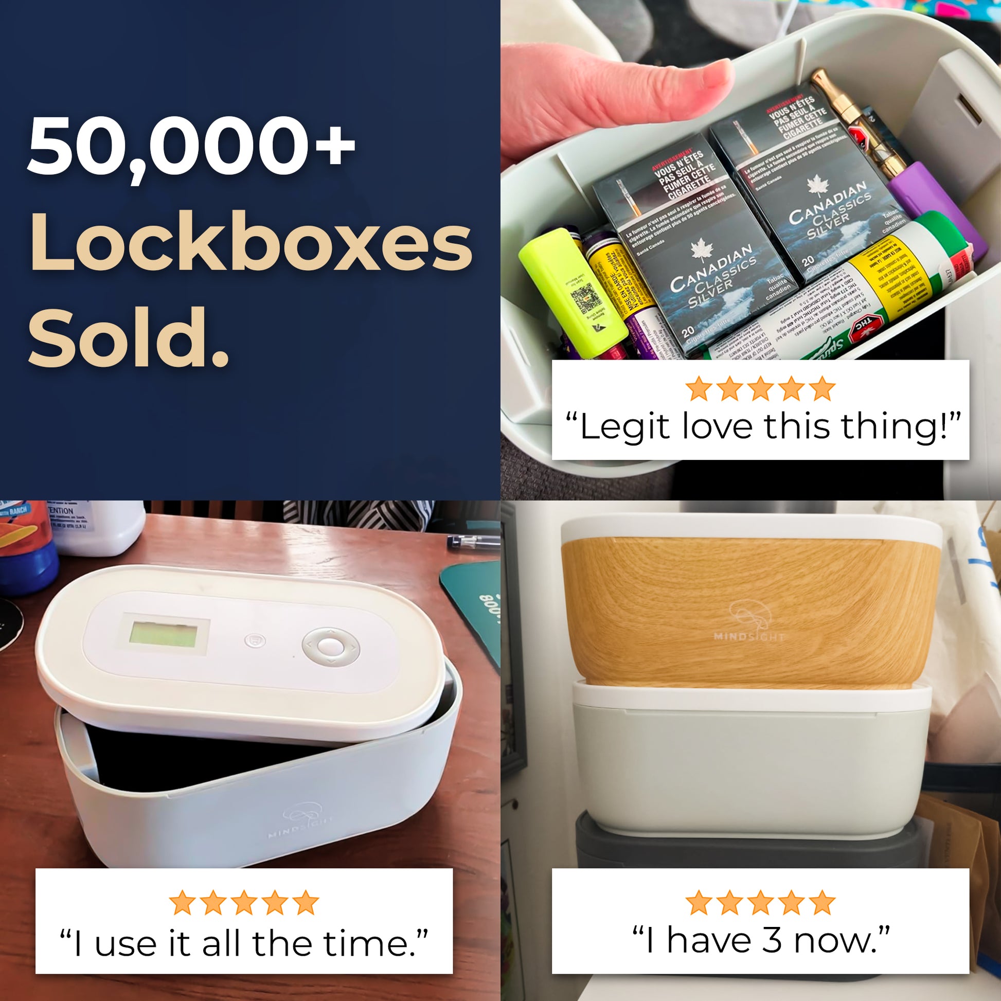 Customer holding Mindsight lockbox filled with cigarettes and vapes, alongside testimonial praising the product, highlighting over 50,000 sold
