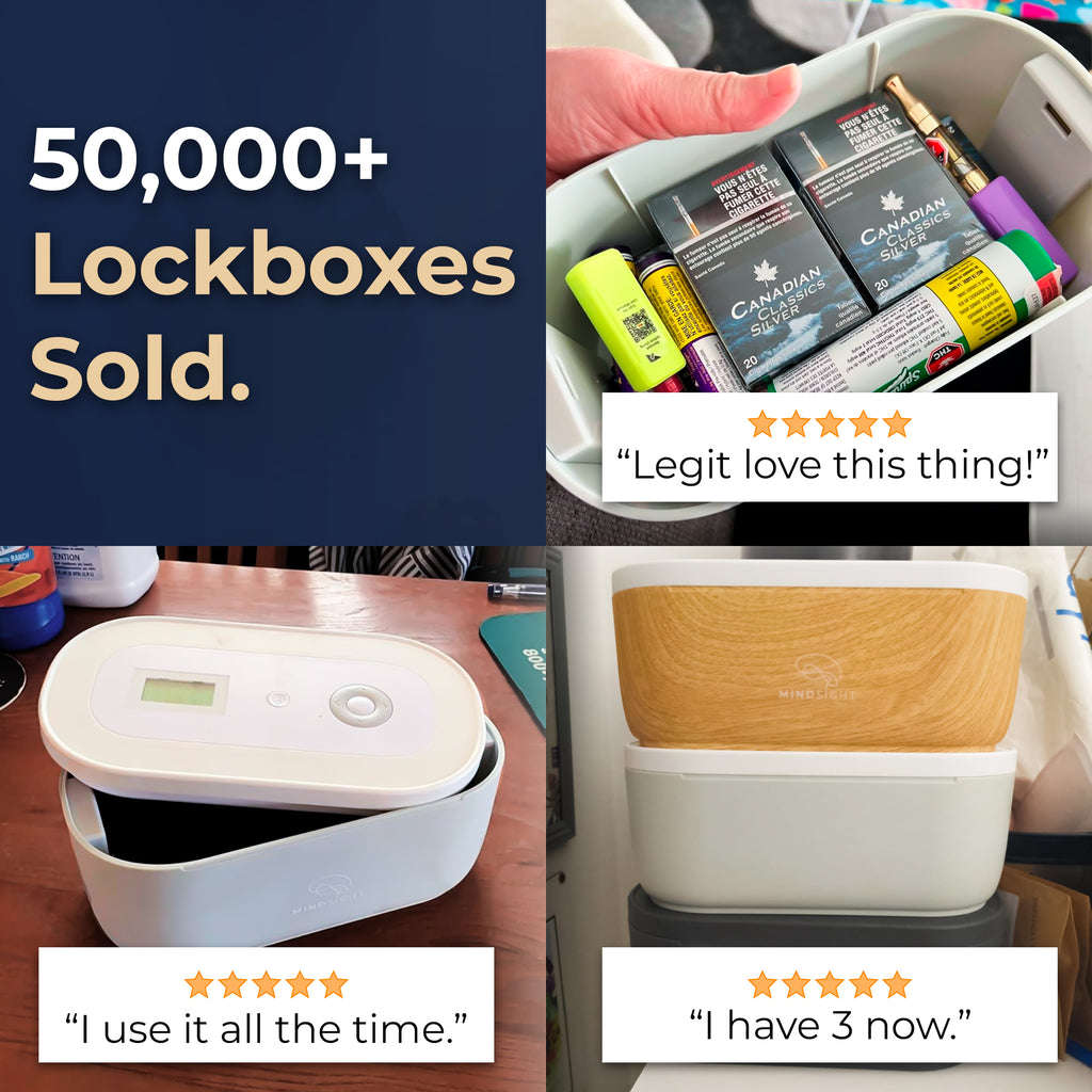 Customer holding Mindsight lockbox filled with cigarettes and vapes, alongside testimonial praising the product, highlighting over 50,000 sold