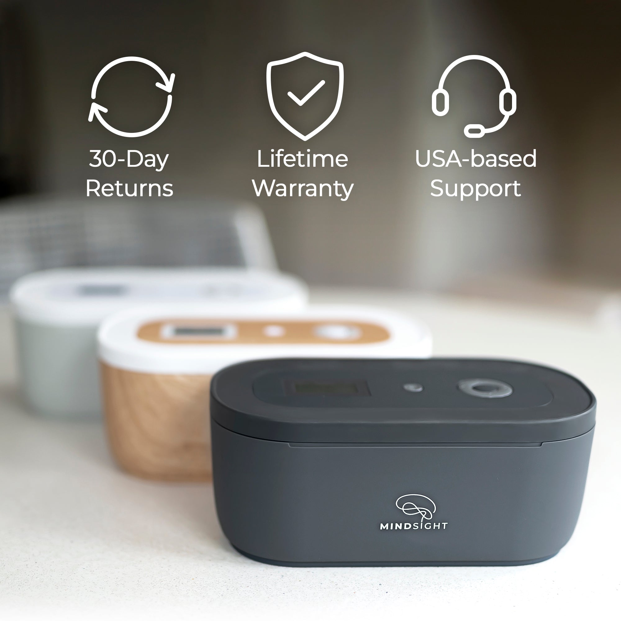 Mindsight lockboxes in multiple colors with icons showing 30-day returns, lifetime warranty, and USA-based customer support
