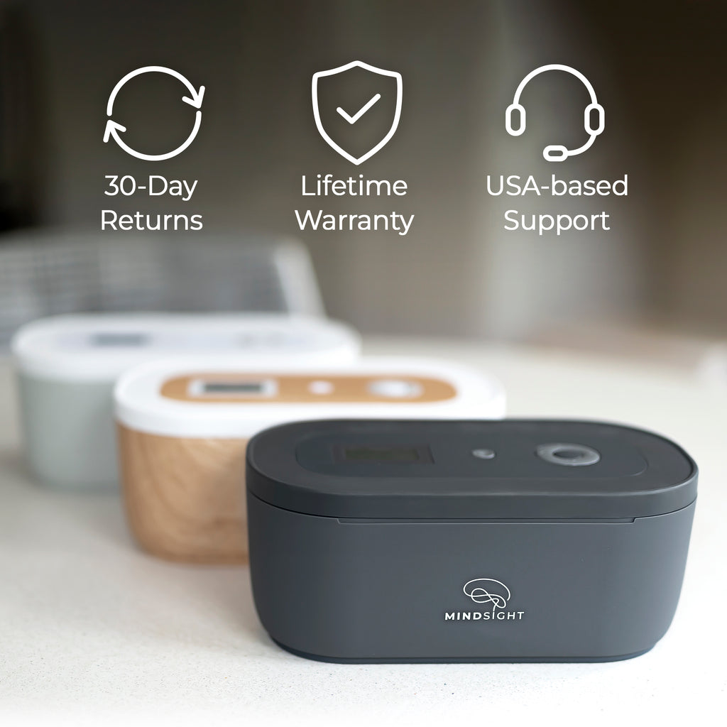 Mindsight lockboxes in multiple colors with icons showing 30-day returns, lifetime warranty, and USA-based customer support