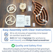 Kinetic wall decor assembly kit laid out, including wooden parts, instructions, and tools. Emphasizes easy assembly and safety.