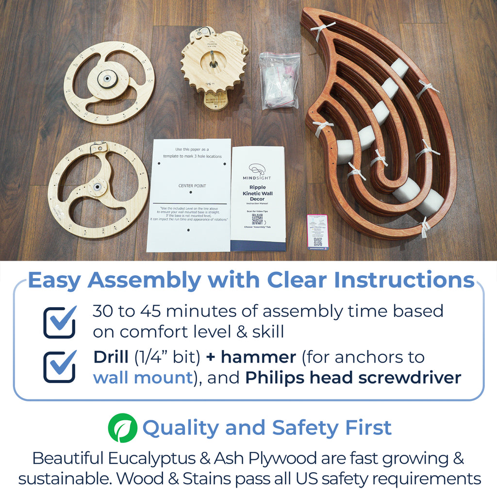 Kinetic wall decor assembly kit laid out, including wooden parts, instructions, and tools. Emphasizes easy assembly and safety.