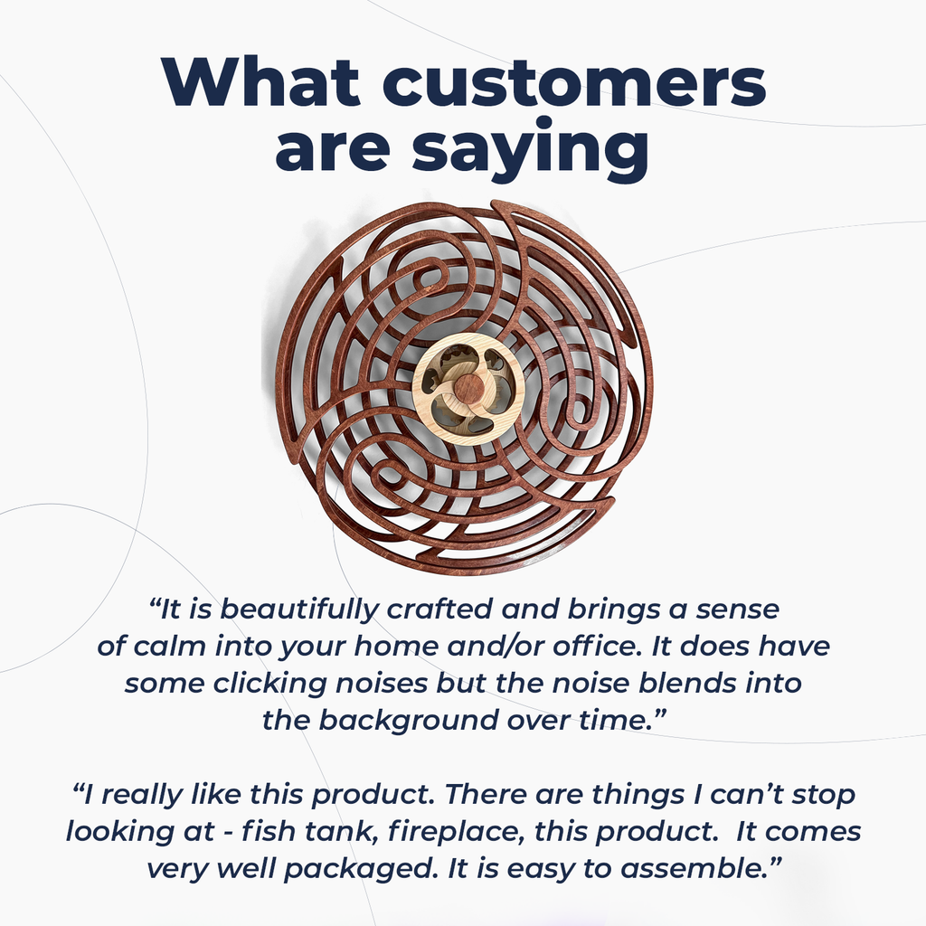 Customer testimonials about the Kinetic Wall Decor, praising its calming design, quality craftsmanship, and easy assembly.