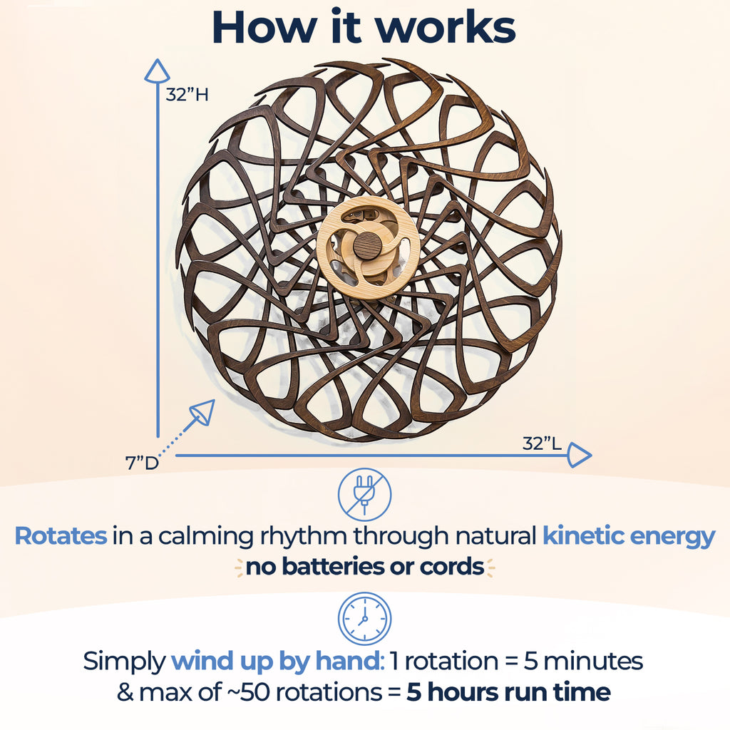 Kinetic wall decor, 32x32x7 inches, rotates via kinetic energy, no cords. Hand-wound: 1 rotation = 5 min, max 5 hours.