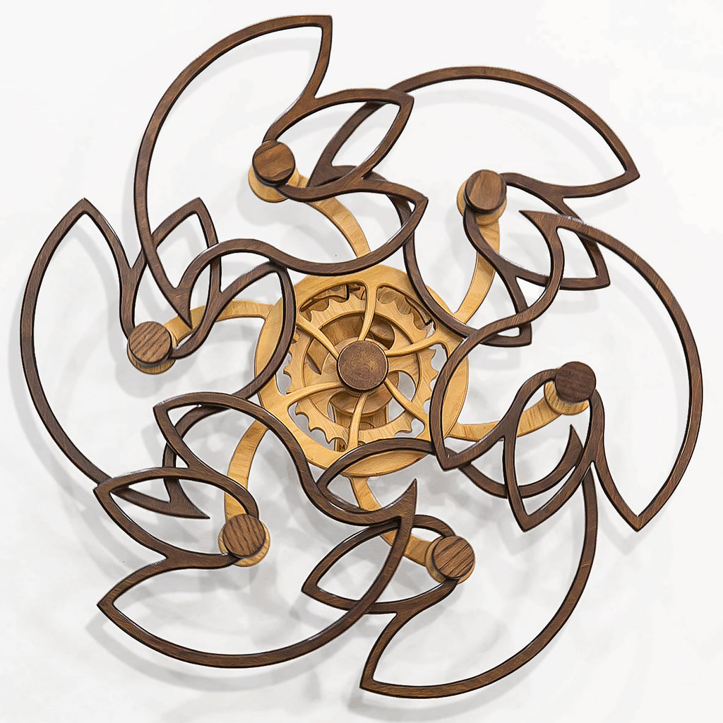 Decorative Mindsight Kinetic Wall Art with an abstract looping design, featuring interwoven wood in a circular shape