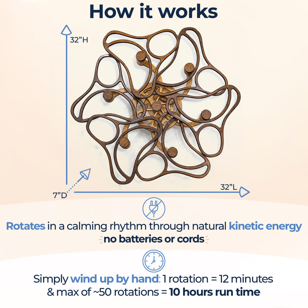 Kinetic wall decor, 32x32x7 inches, rotates via kinetic energy, no cords. Hand-wound: 1 rotation = 12 min, max 10 hours.