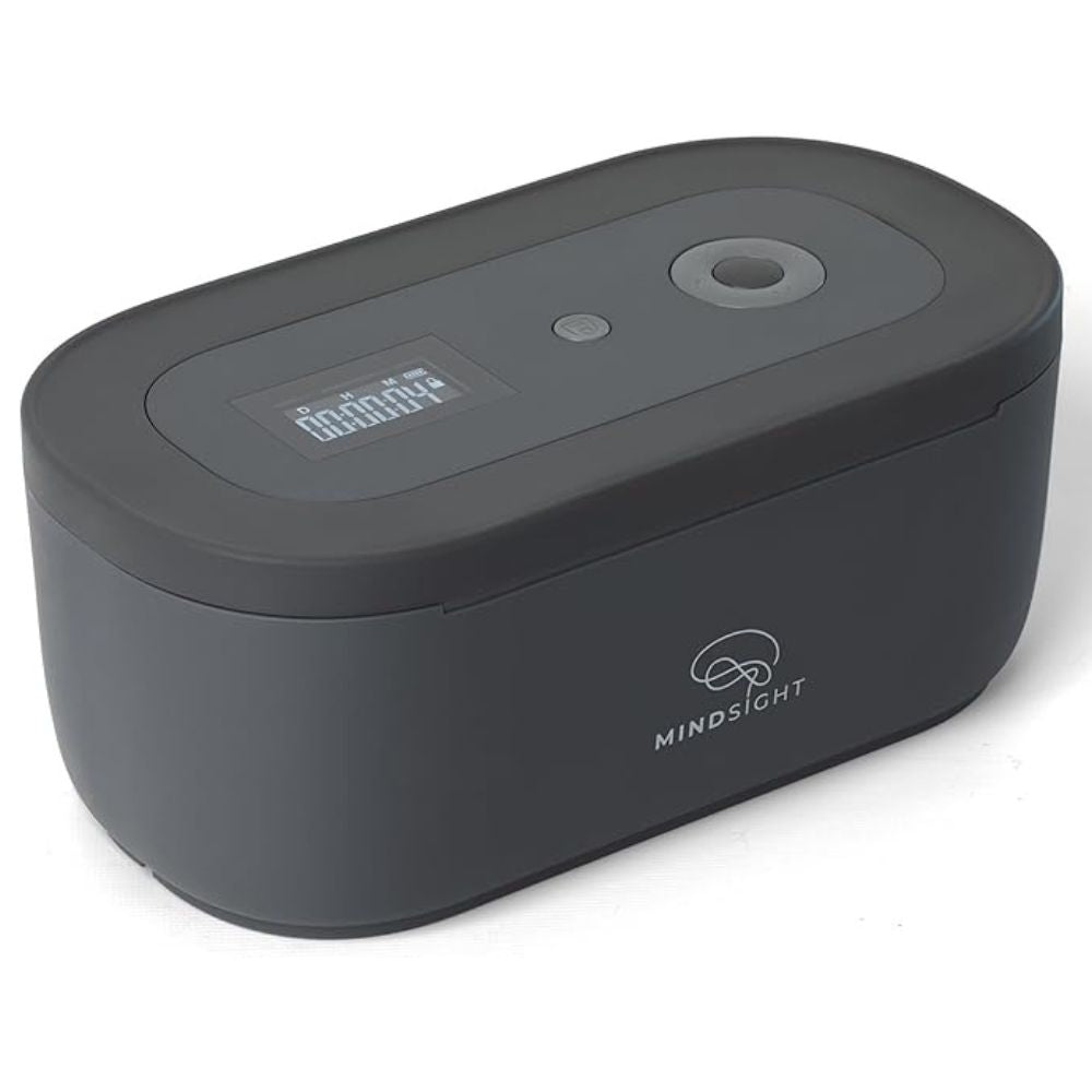 Mindsight Timed Lock Box Charcoal Variant with a sleek wood grain finish, featuring a digital display and a single control button.