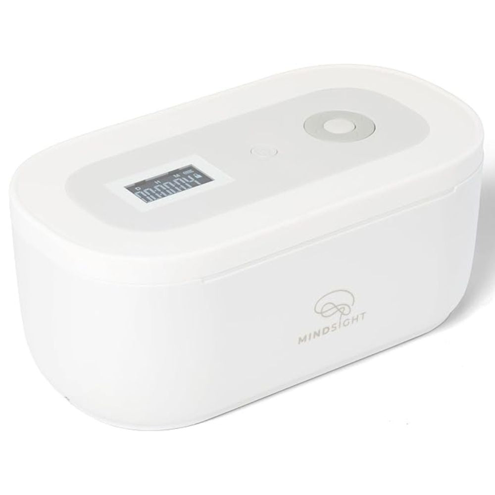 Mindsight timed lockbox with digital countdown display and single-button control on top.