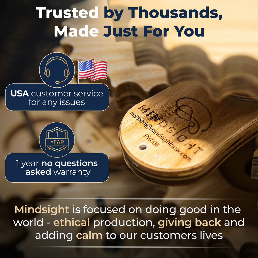 Mindsight emphasizes ethical production, USA-based customer service, a 1-year warranty, and a focus on bringing calm to lives.