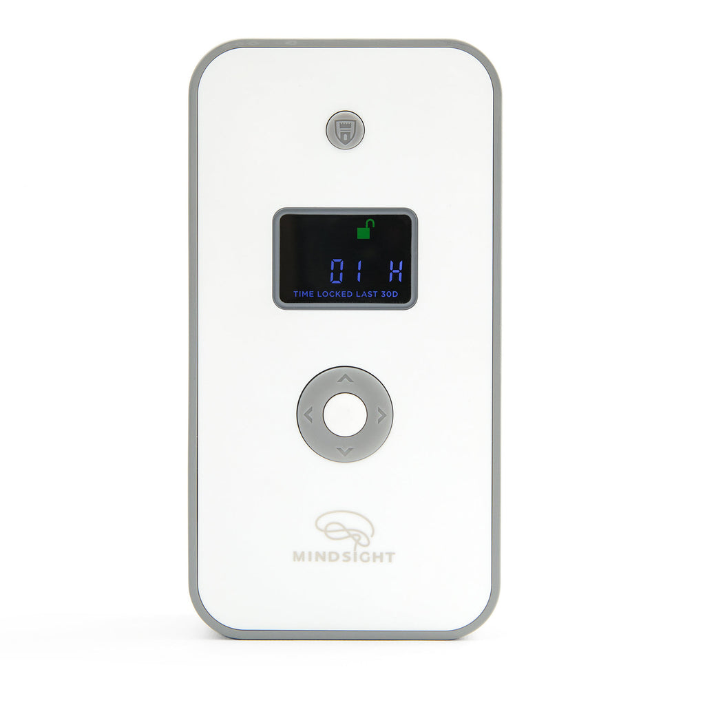 Mindsight Personal Timed Lock Box with a sleek design, digital timer display, lock icon, and navigation buttons for duration settings.