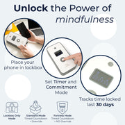 Visual guide to using a mindfulness personal lockbox, showing phone placement, timer setting, and lock modes like 'Fortress Mode' with time tracking.