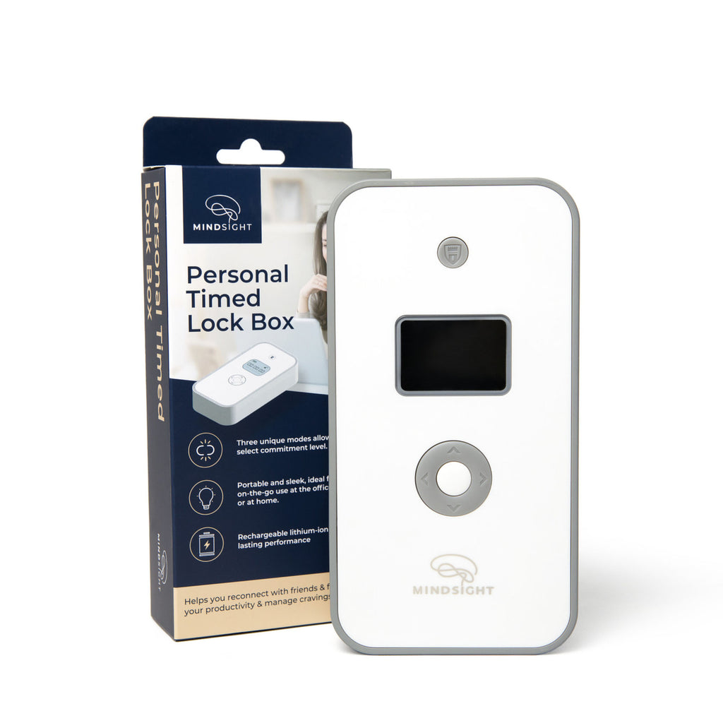 A portable personal timed lockbox with a display and control button, placed next to its eco-friendly packaging that highlights its features.