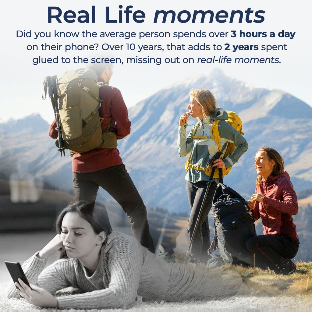 Image contrasting real-life moments of hikers outdoors against a person lying down engrossed on their phone, emphasizing screen time.