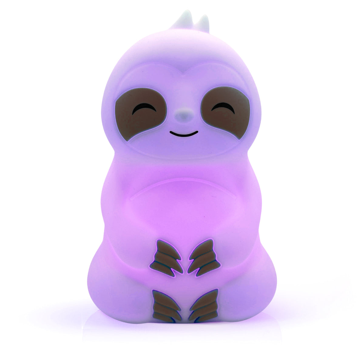 Slow It Down Sloth glowing purple, featuring a smiling sloth design made of soft silicone for mindfulness and relaxation.