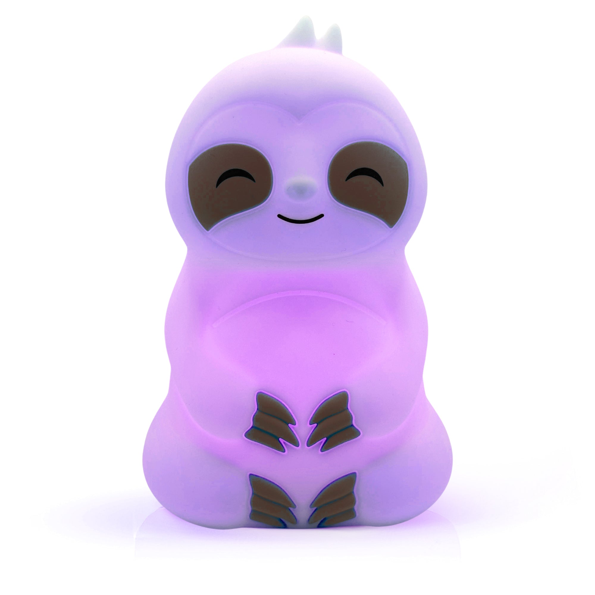 Slow It Down Sloth glowing purple, featuring a smiling sloth design made of soft silicone for mindfulness and relaxation.