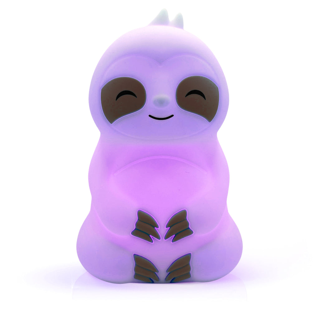 Slow It Down Sloth glowing purple, featuring a smiling sloth design made of soft silicone for mindfulness and relaxation.