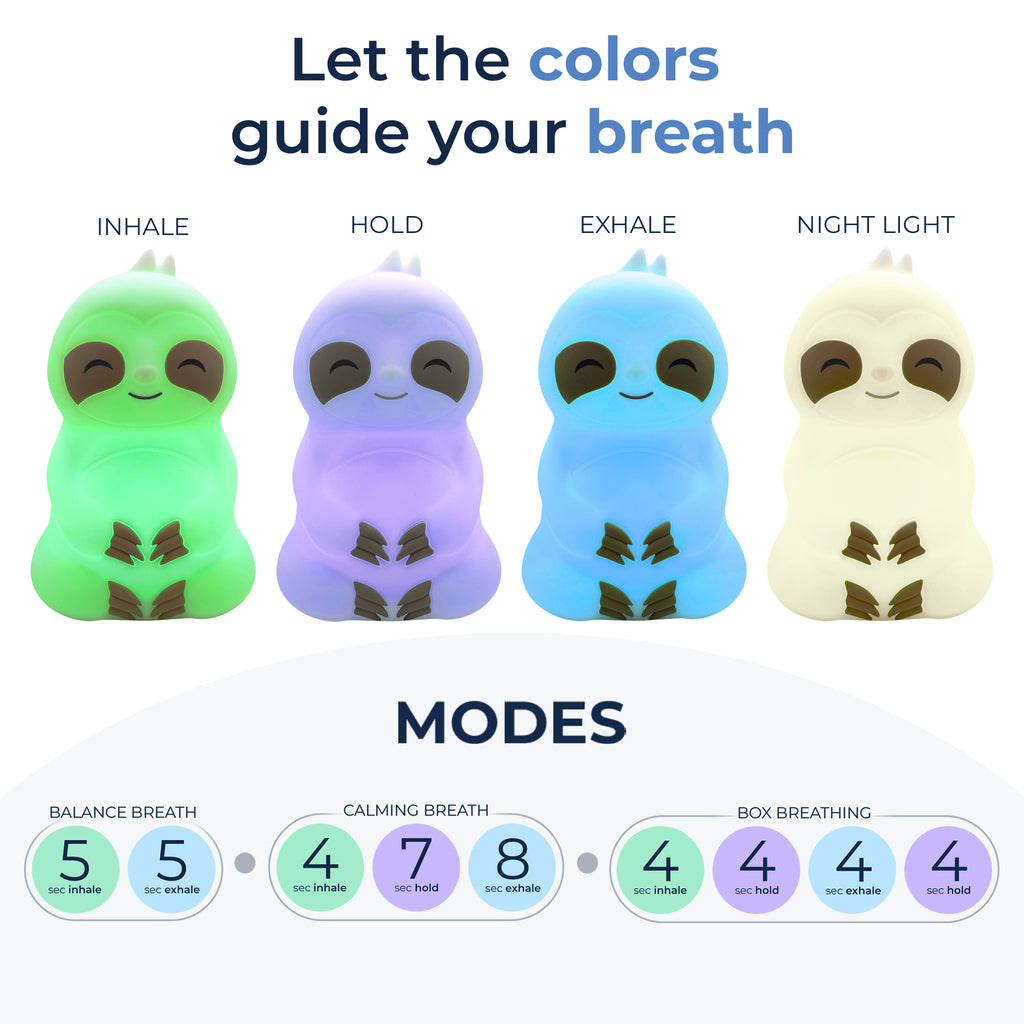 Slow It Down Sloth displaying inhale, hold, exhale, and night light modes with guided breathing timings for mindfulness.