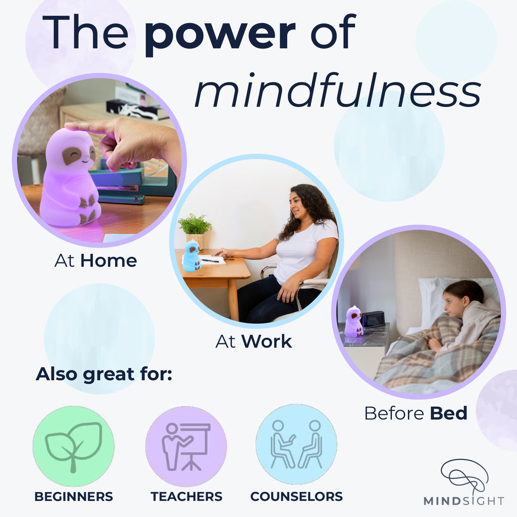 Promotional graphic showcasing the Slow It Down Sloth used at home, work, and before bed, highlighting mindfulness benefits.