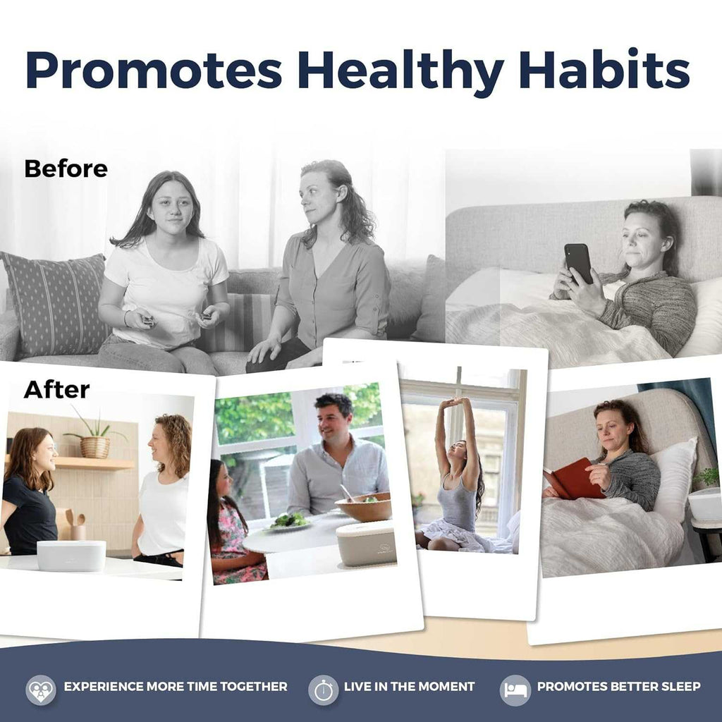 Mindsight digital detox lock box promoting healthy habits, illustrating before and after scenarios for better focus and sleep.