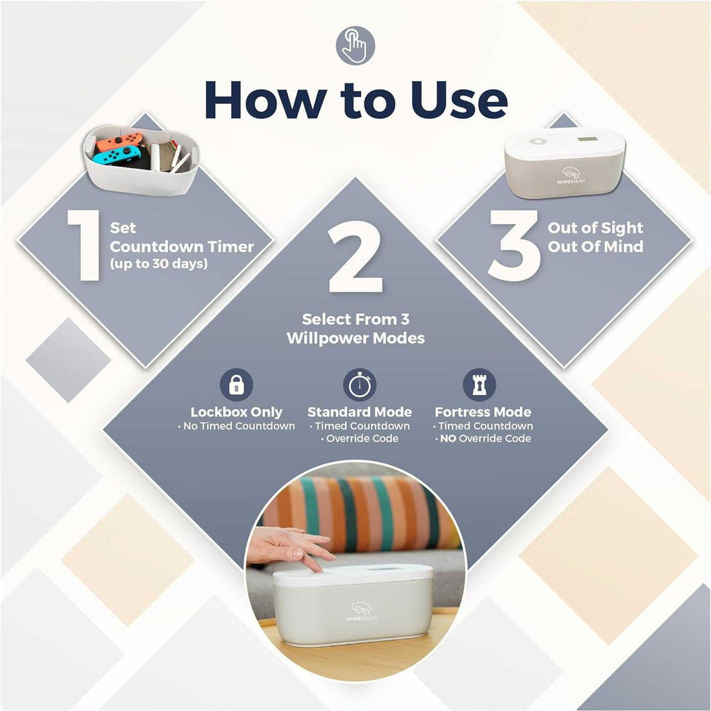Steps to use the Mindsight Timed Lockbox: set timer, select willpower mode, and keep items out of sight.