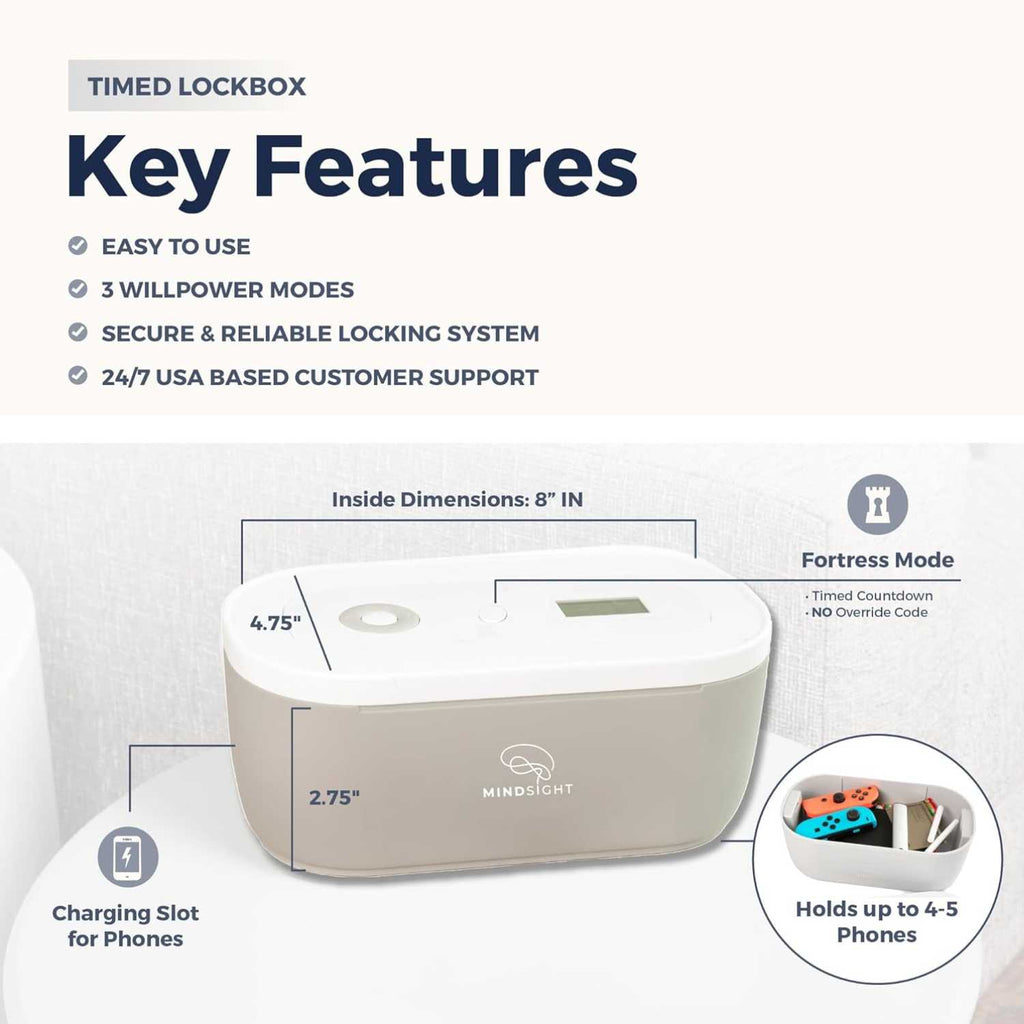 Key features of the Mindsight Timed Lockbox with dimensions, phone charging slot, and secure Fortress Mode highlighted.