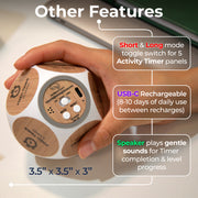 Wellness tracker features, showing dimensions, featuring activity timers, USB-C charging, gentle sound notifications, and short/long modes.