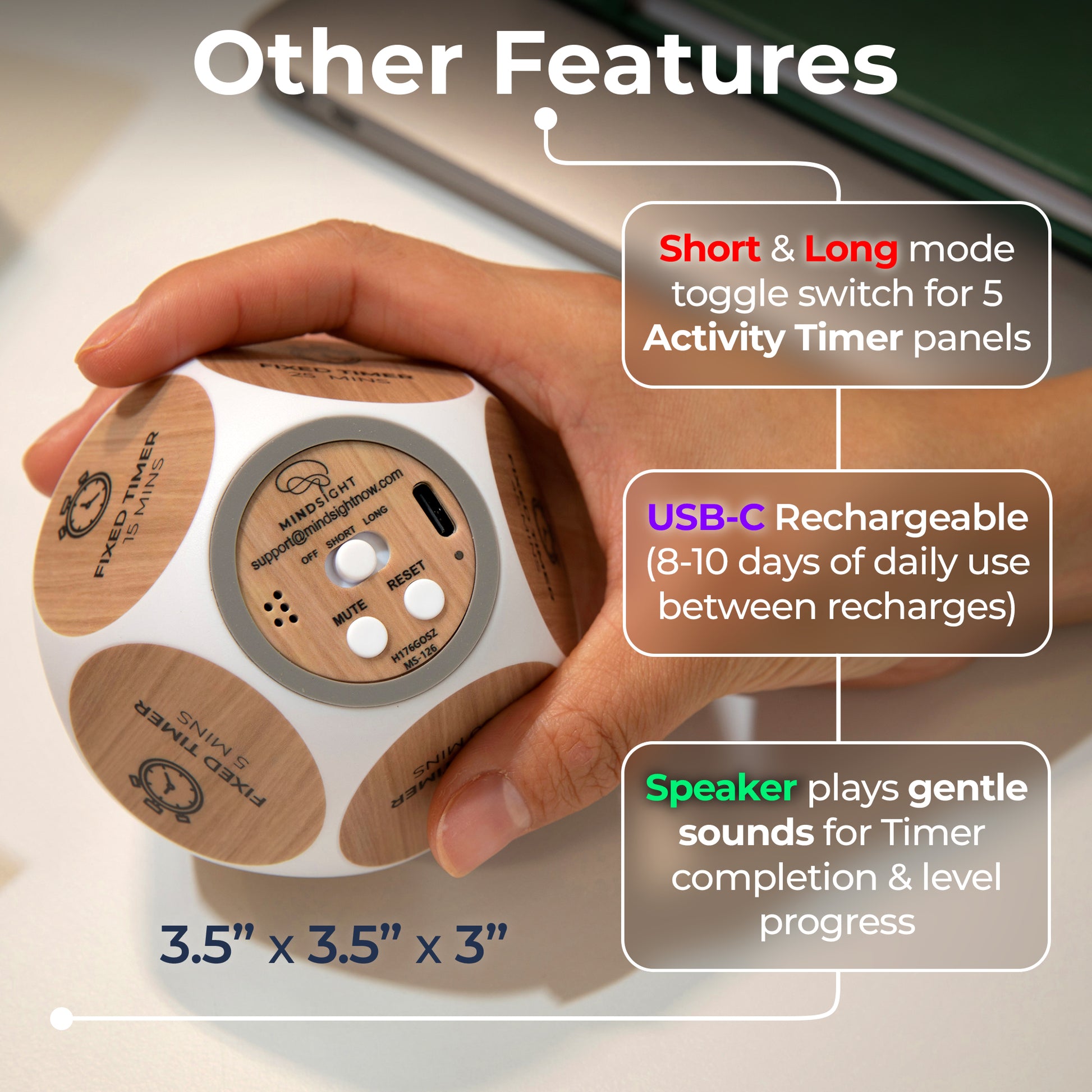 Wellness tracker features, showing dimensions, featuring activity timers, USB-C charging, gentle sound notifications, and short/long modes.
