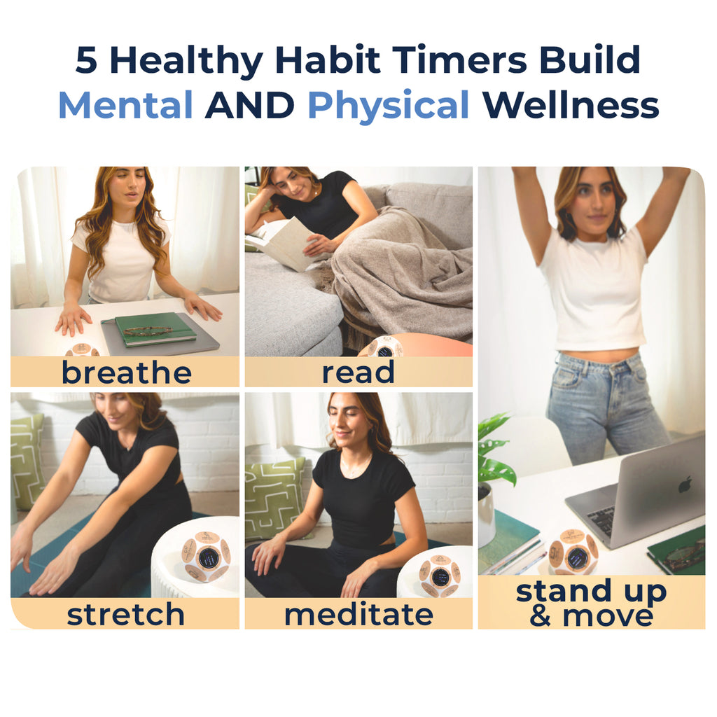 Wellness Tracker promoting five healthy habits: breathe, read, stretch, meditate, and stand up & move, for mental and physical wellness.