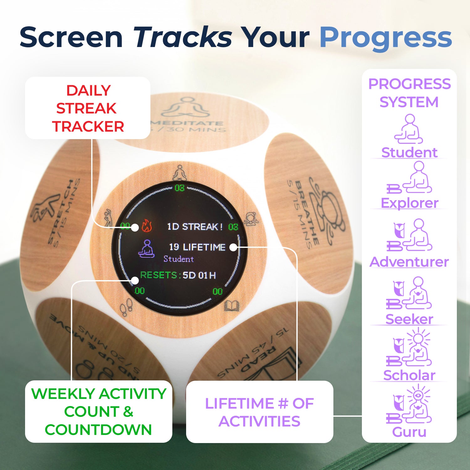 Wellness tracker displaying a progress screen with a daily streak tracker, activity count, lifetime stats, and level-based progress.