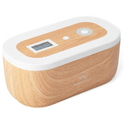 Mindsight Timed Lock Box Woodgrain Variant with a sleek wood grain finish, featuring a digital display and a single control button.