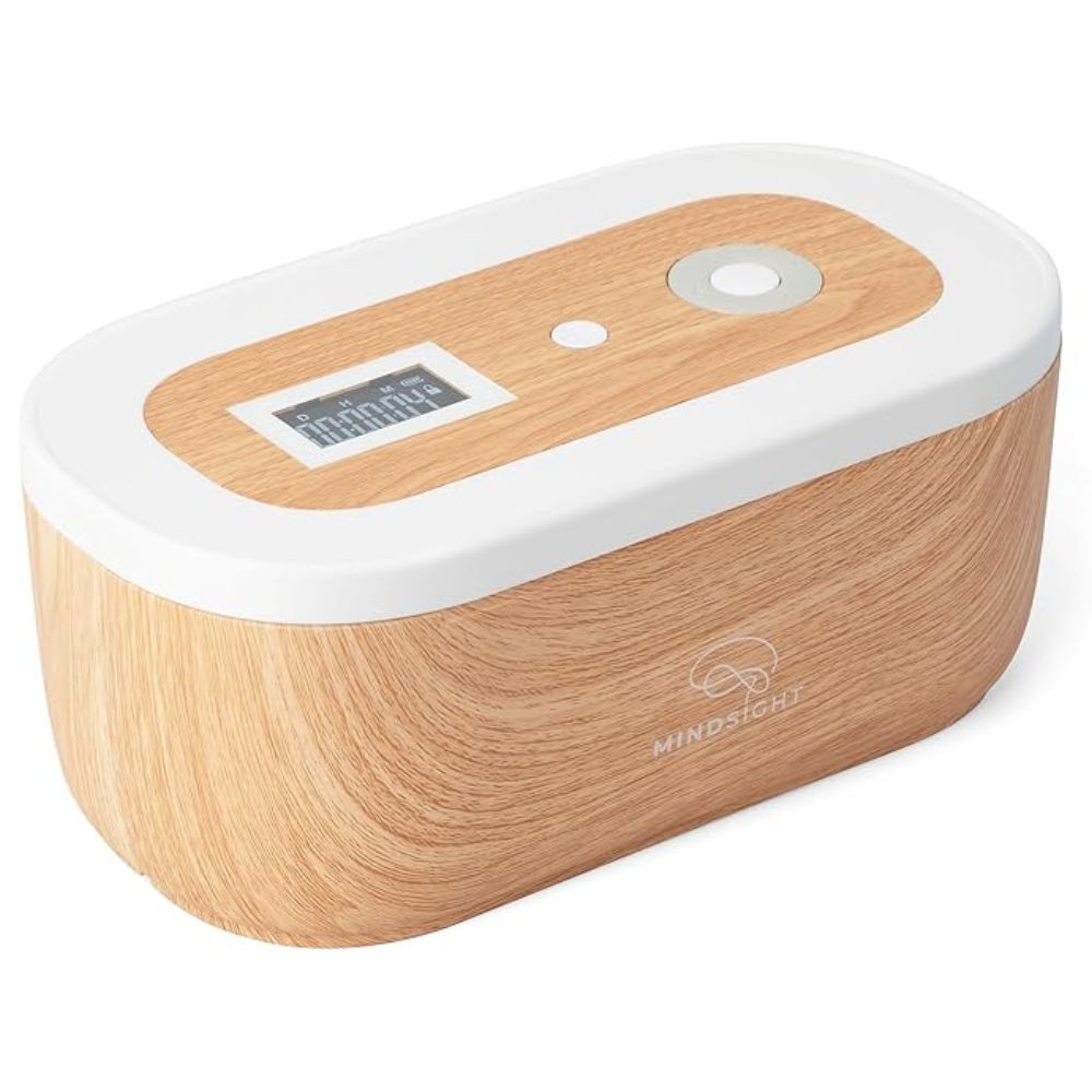 Mindsight Timed Lock Box Woodgrain Variant with a sleek wood grain finish, featuring a digital display and a single control button.