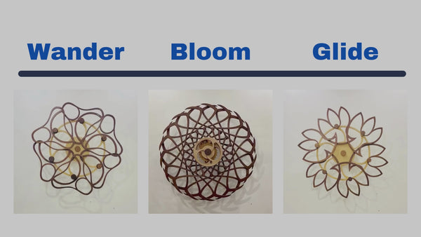 Three kinetic wall designs named Wander, Bloom, and Glide. Each design features intricate wooden patterns.