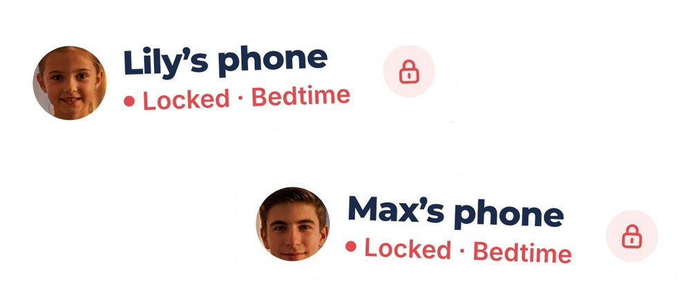 Two status cards: Lily’s phone and Max’s phone, both locked for Bedtime