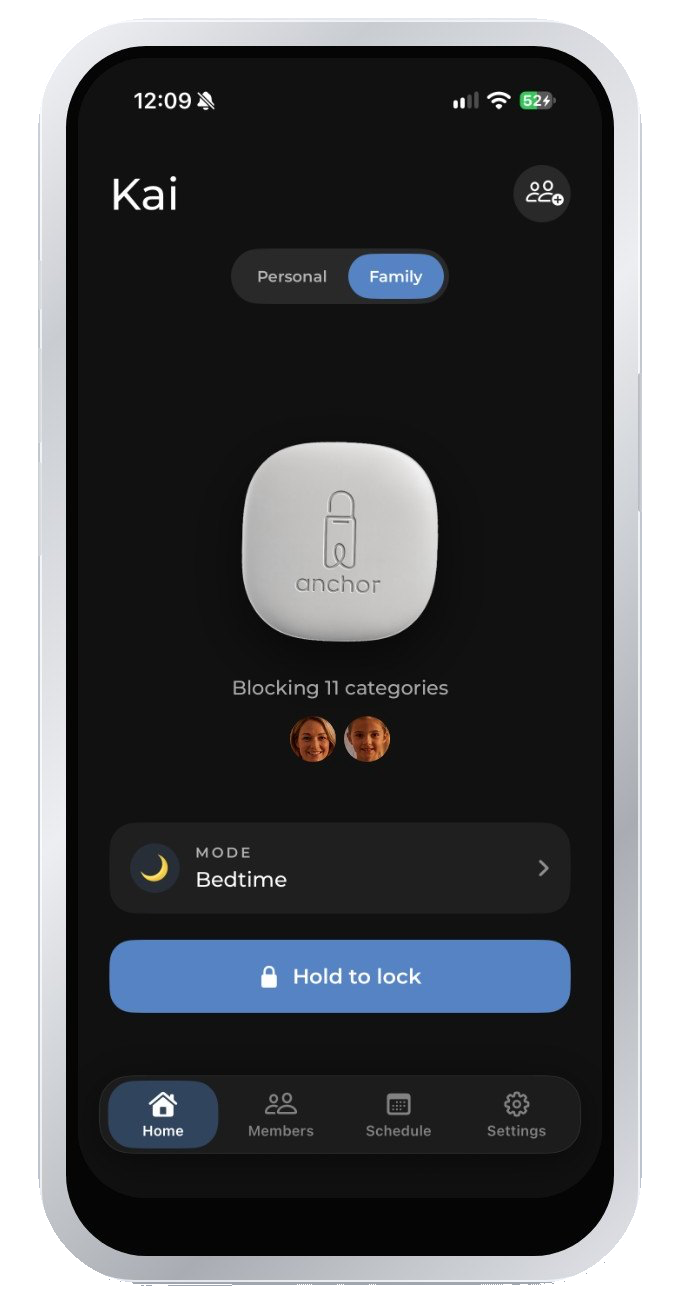 Parent’s phone with the Anchor app in Family mode, Bedtime selected