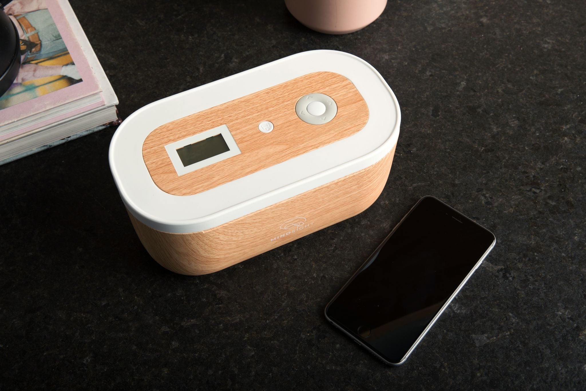 The lock box lid, with the timer and shield button